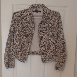 Jou Jou Beige and Brown Leopard Print Cropped Jean Jacket